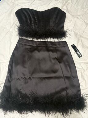 Ina Black Satin Feather-Trim Corset Top & Mini Skirt Set
